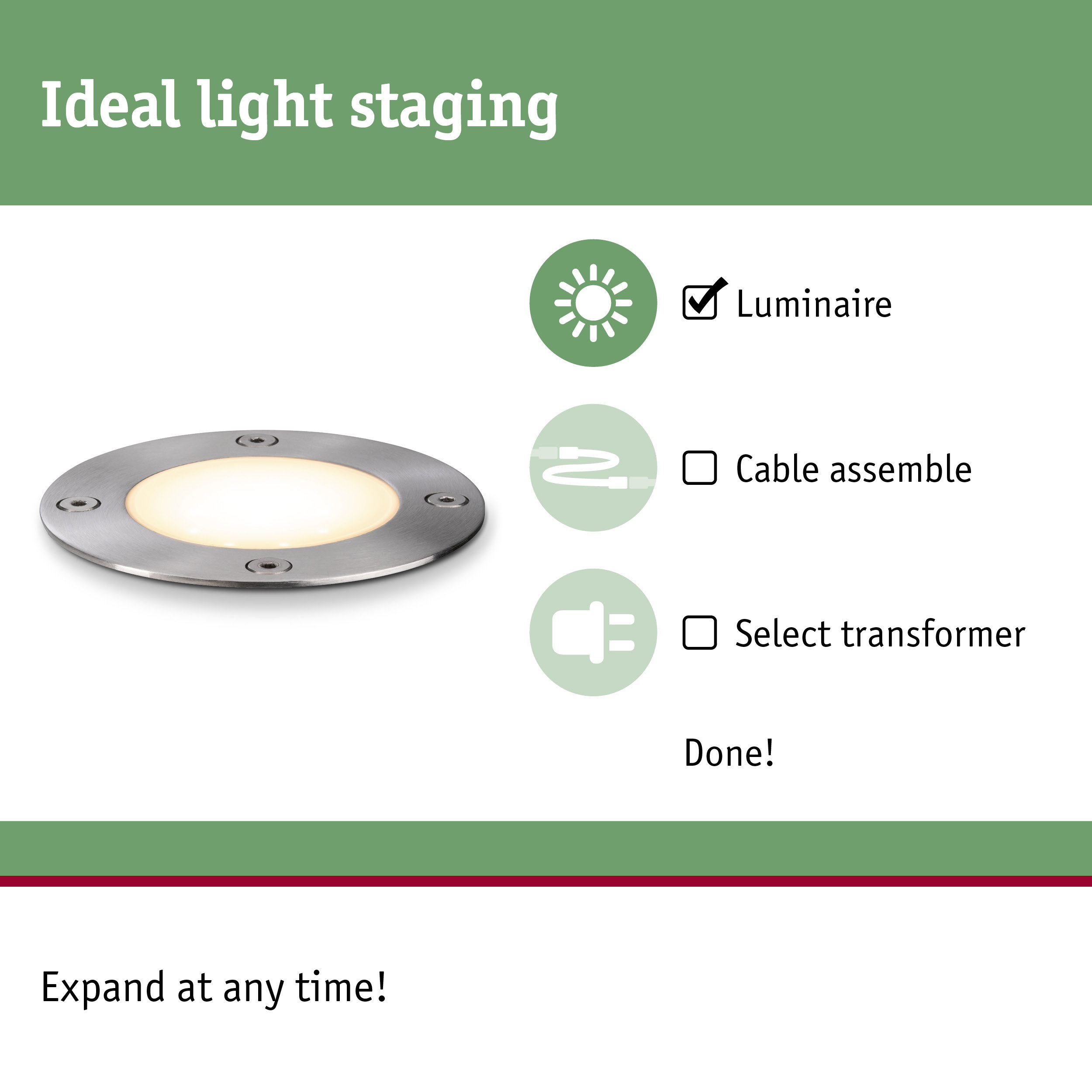 Round stainless steel recessed luminaire with warm white light, perfect for garden and outdoor lighting