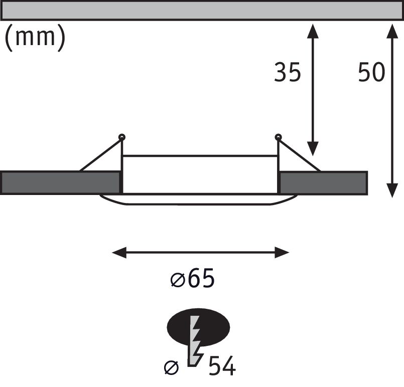 Technische tekening van een ronde inbouwspot met 65 mm diameter en 50 mm inbouwdiepte