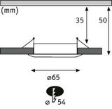 Technische Zeichnung eines runden Einbauleuchtenspots mit 65 mm Durchmesser und 50 mm Einbautiefe