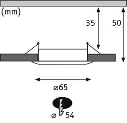Technische Zeichnung eines runden Einbauleuchtenspots mit 65 mm Durchmesser und 50 mm Einbautiefe