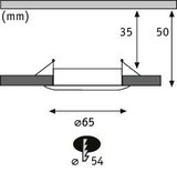 Teknisk tegning af rund indbygningsspot med 65 mm diameter og 50 mm indbygningsdybde