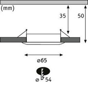 Teknisk tegning af rund indbygningsspot med 65 mm diameter og 50 mm indbygningsdybde