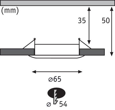 Technische Zeichnung eines runden Einbauleuchtenspots mit 65 mm Durchmesser und 50 mm Einbautiefe