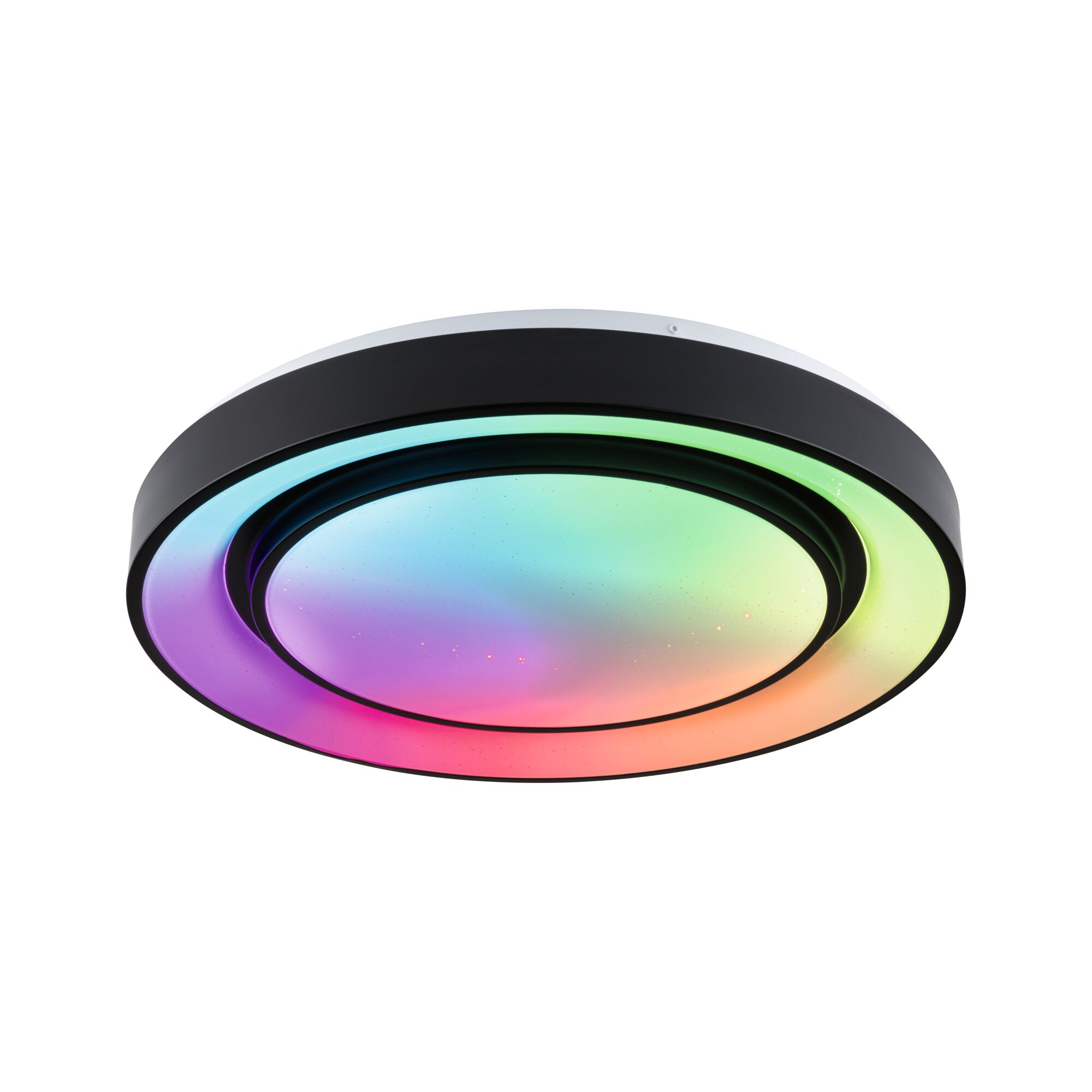 Runde LED-Deckenleuchte mit schwarzem Rahmen und mehrfarbiger RGB-Beleuchtung für Wohnräume