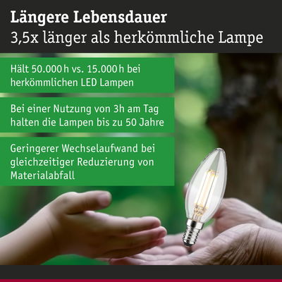 LED-Lampe mit längerer Lebensdauer und geringem Materialabfall, gehalten von zwei Händen vor grünem Hintergrund