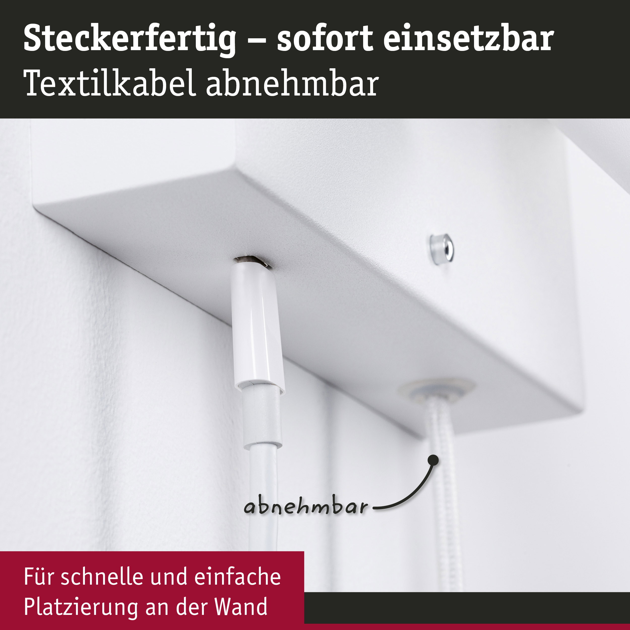 Weißes Steckdosengehäuse mit abnehmbarem Textilkabel für einfache Wandmontage