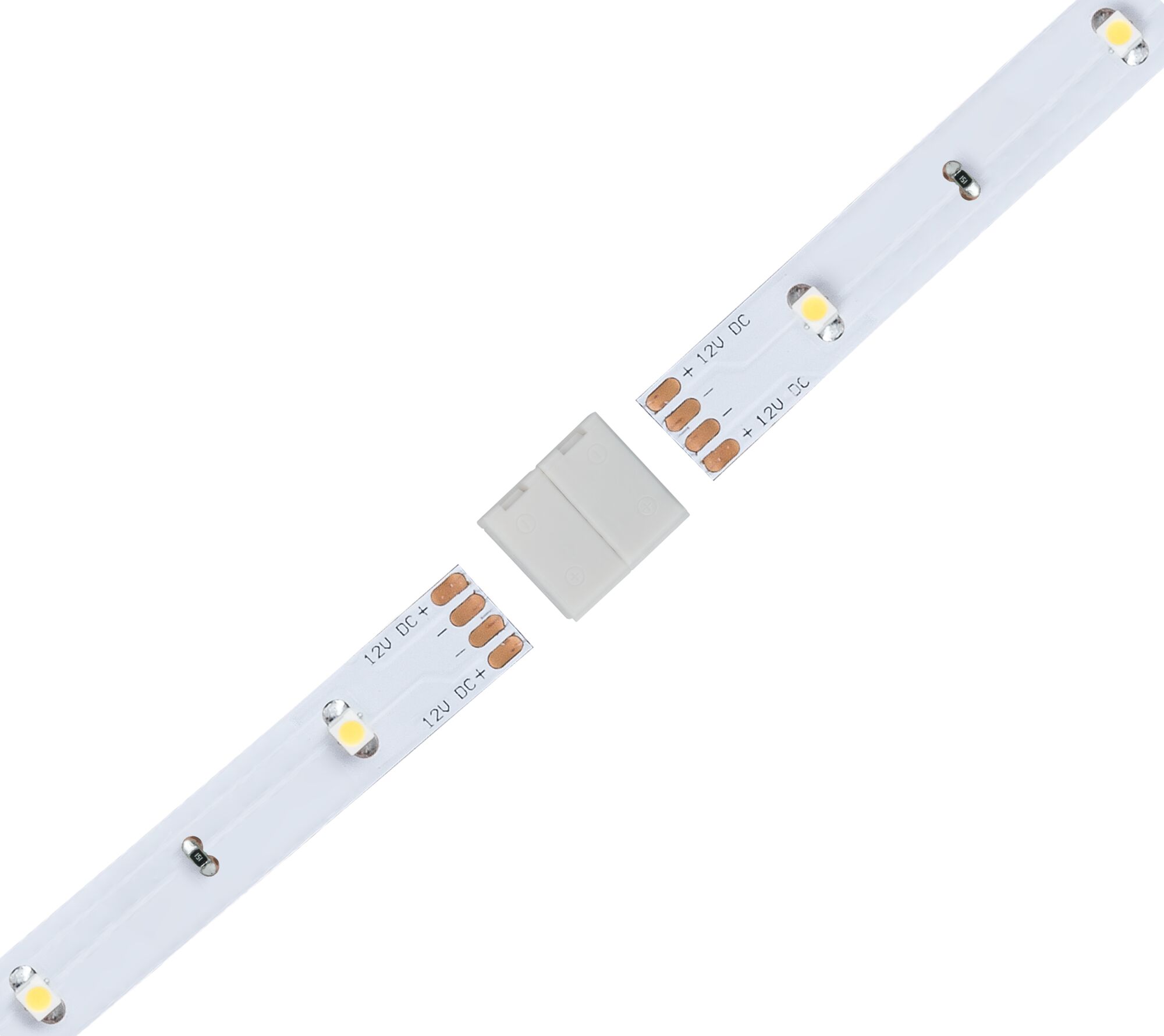 Weißer LED-Streifenverbinder für 12V DC LED-Lichtbänder mit Kupferkontakten und Kunststoffgehäuse