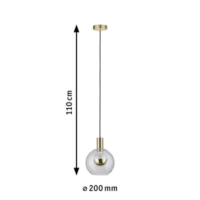 Pendant light with clear glass and brass-coloured metal, 110 cm length, 20 cm diameter