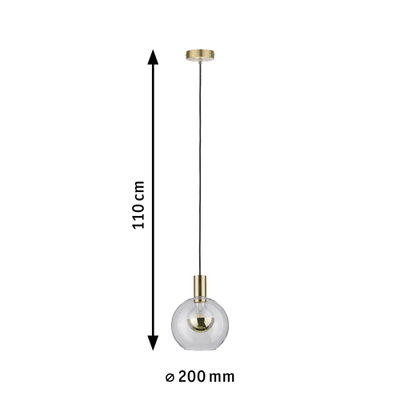 Pendelleuchte mit transparentem Glas und messingfarbenem Metall, 110 cm lang, 20 cm Durchmesser