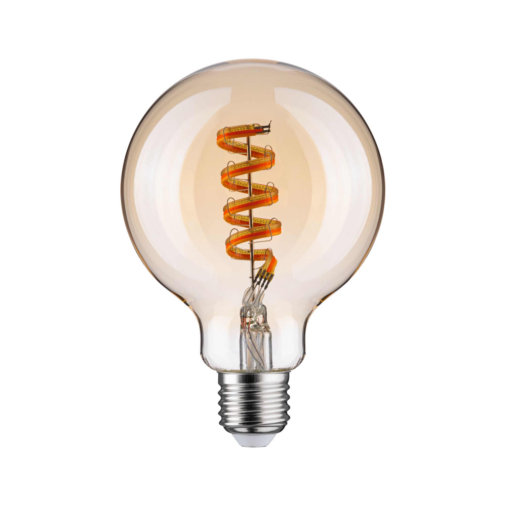 Light bulb with spiral LED filament in warm amber for decorative lighting and ambiance