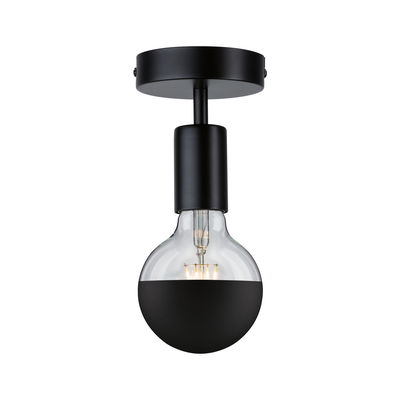 Plafonnier noir avec corps en verre semi-transparent et ampoule LED filament visible, design moderne