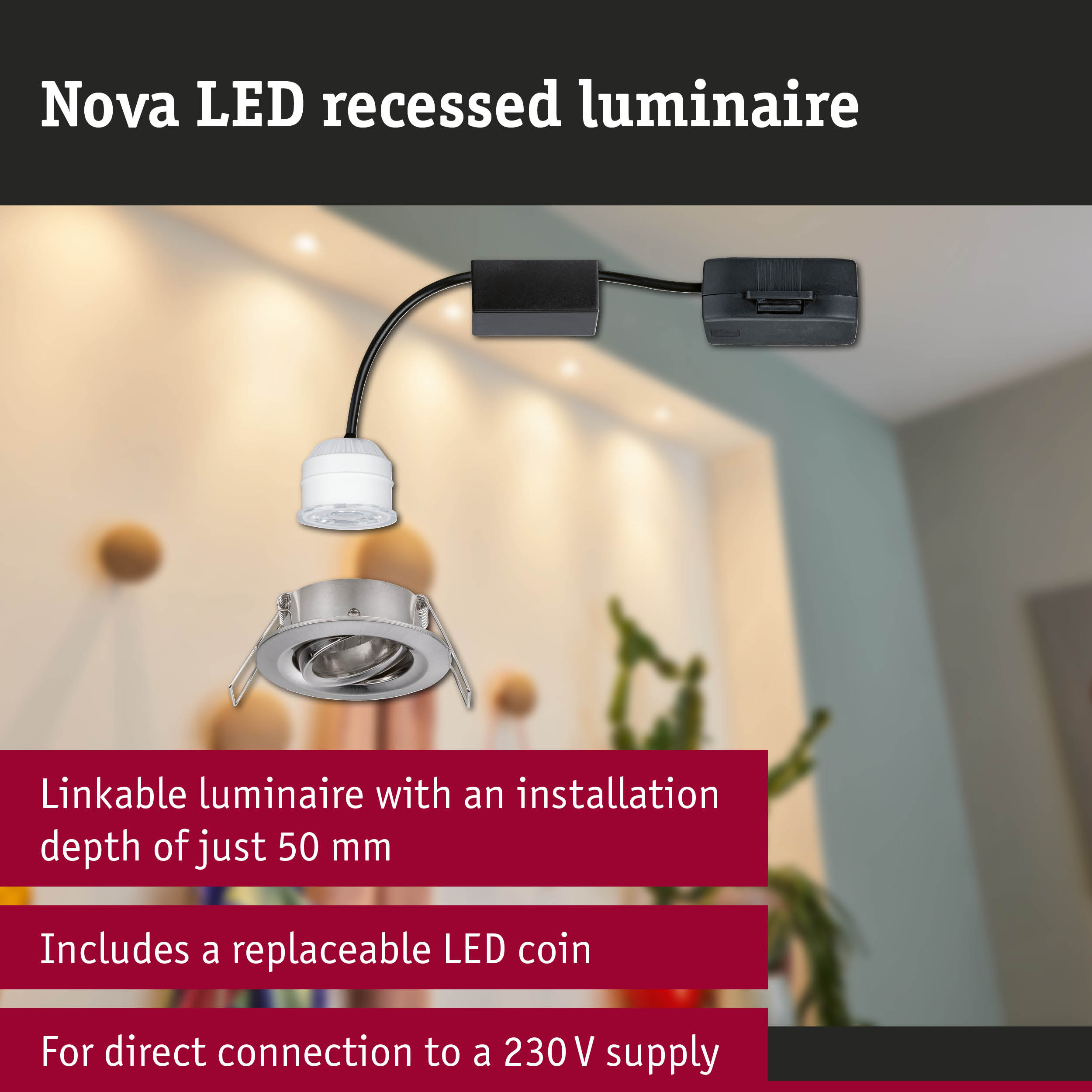 Nova LED recessed luminaire in silver metal with white LED module for energy-efficient lighting