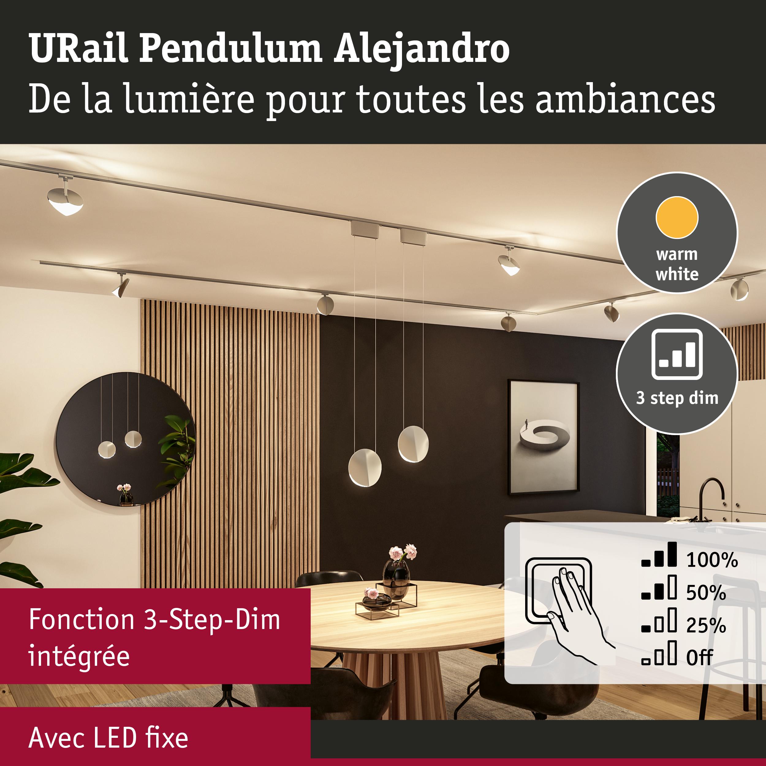 Suspension URail Alejandro moderne avec LED blanc chaud et fonction 3 niveaux de dimmage dans salle à manger.