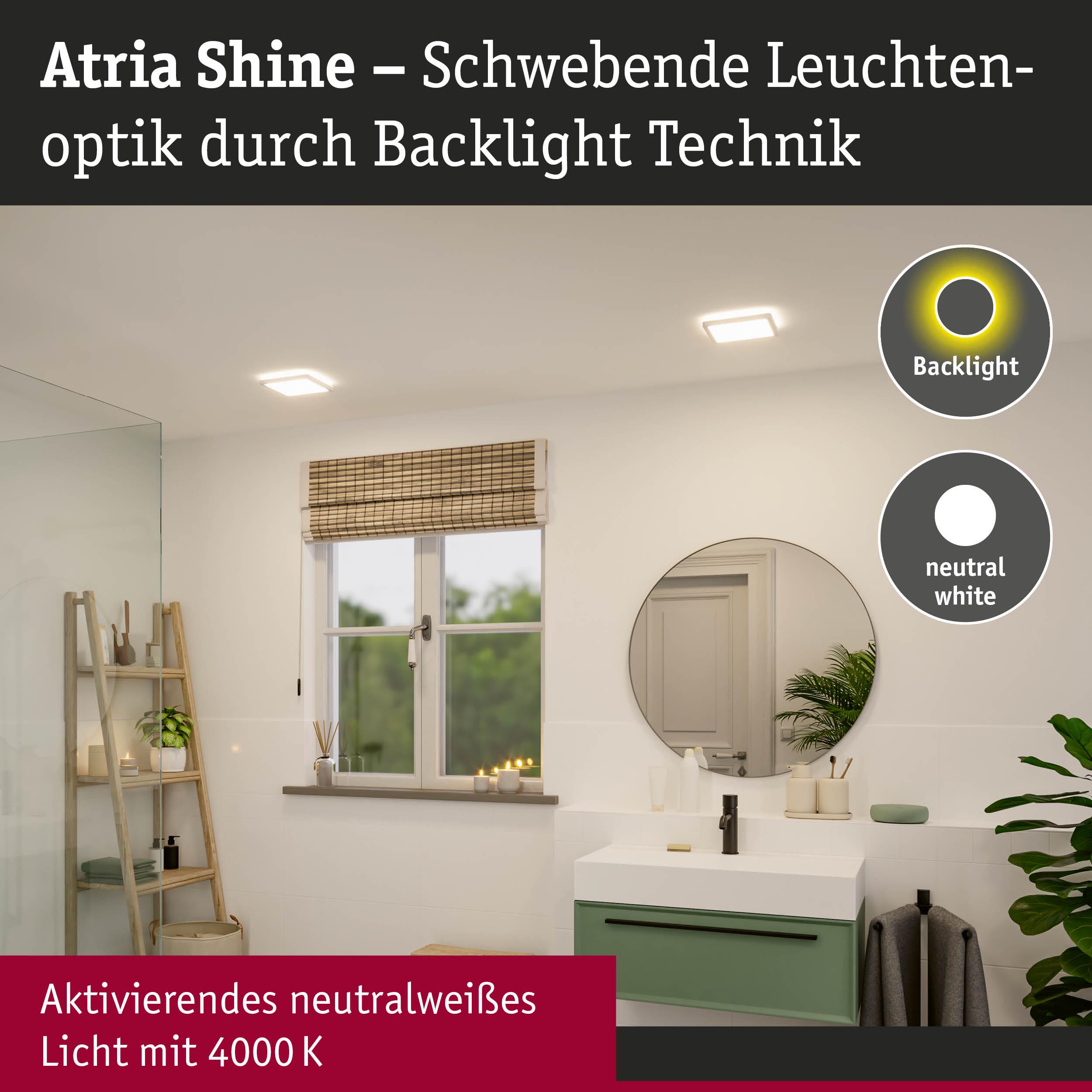 Modernes Badezimmer mit Atria Shine LED-Deckenleuchten in neutralweißem Licht und Backlight-Technik