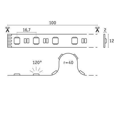 Technical drawing of LED strip light 100 mm long with 120° beam angle and cross-section showing 40 mm radius curve.