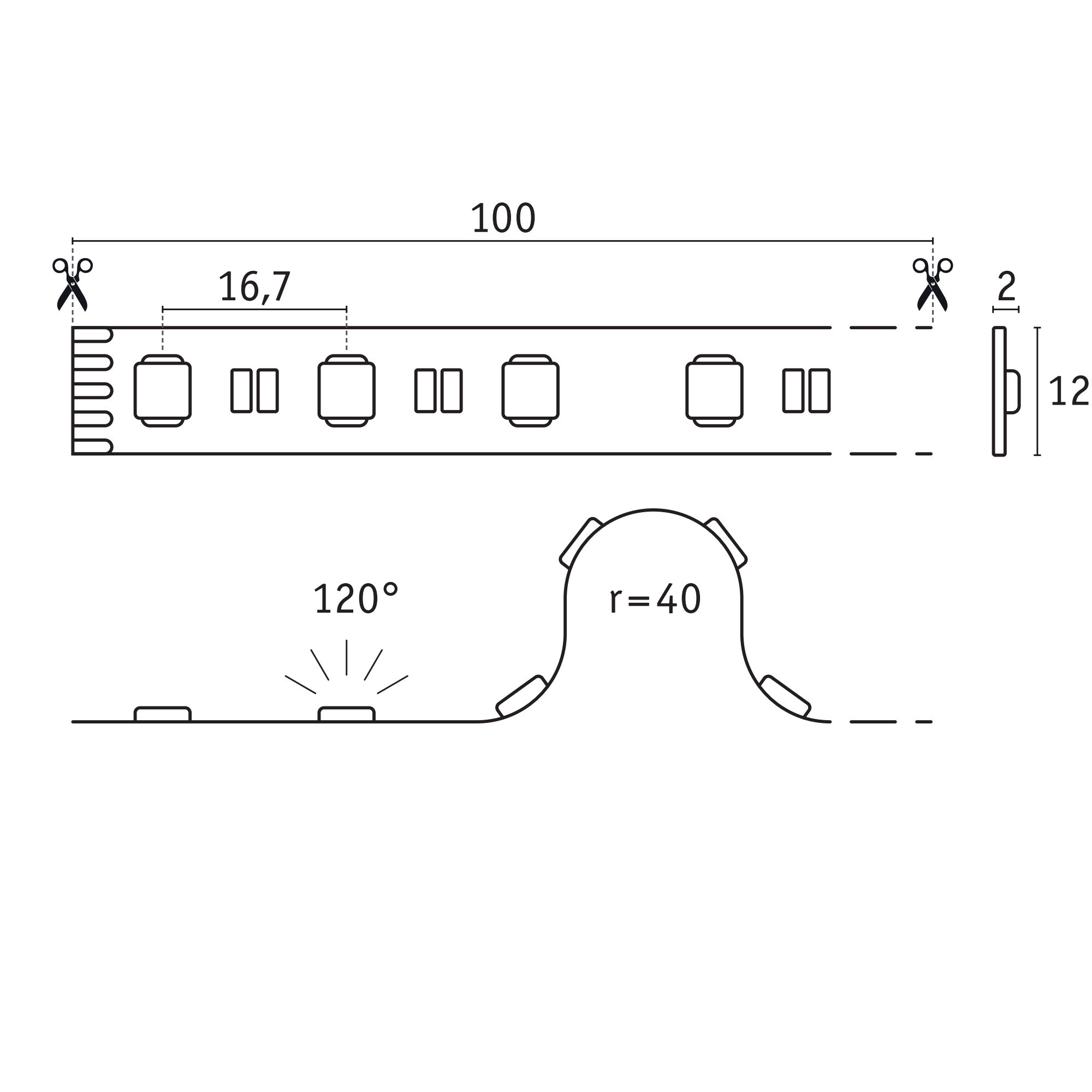 Schéma technique d’une bande LED de 100 mm avec angle de diffusion de 120° et coupe transversale avec rayon de 40 mm.