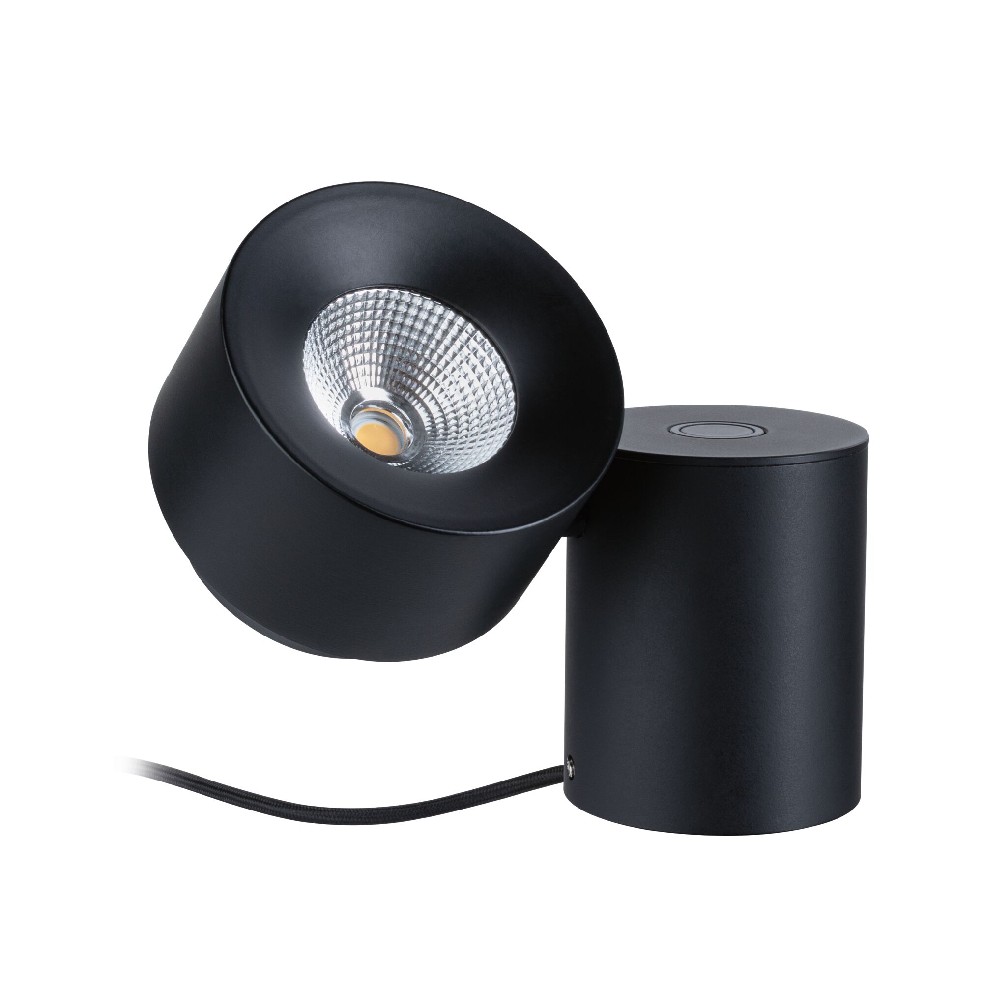 Black metal LED spotlight with adjustable head for focused indoor lighting and modern design
