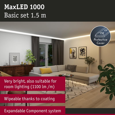 MaxLED 1000 1.5m LED strip with protective coating for bright room lighting and easy cleaning