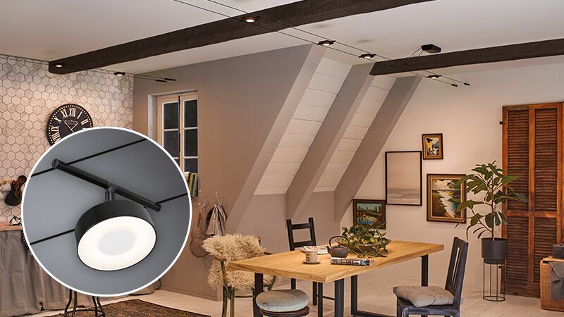 Système de câbles noir avec lampe LED ronde au plafond dans salle à manger moderne avec table en bois
