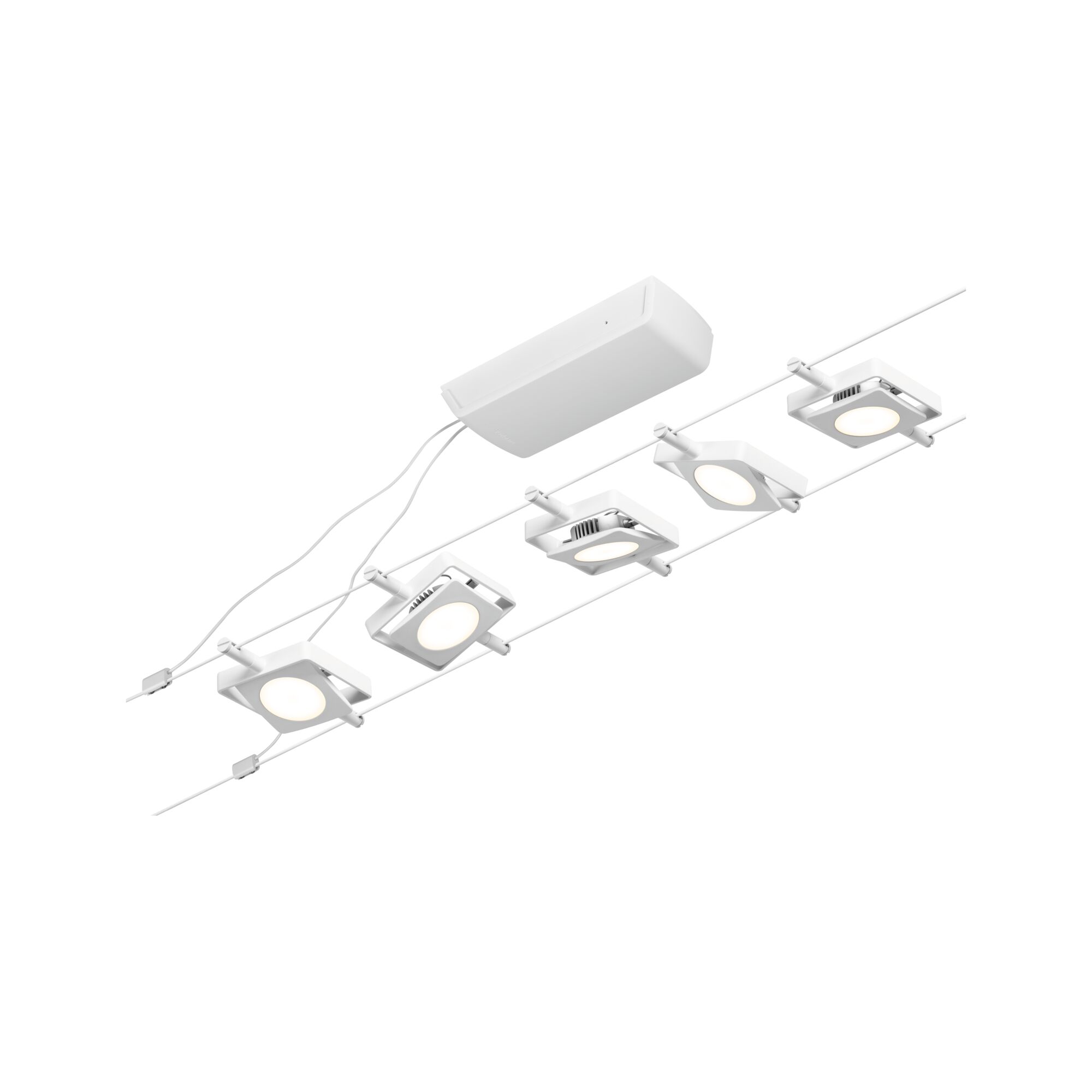 Weißes LED-Seilsystem mit quadratischen Strahlern aus Metall für moderne Raumbeleuchtung