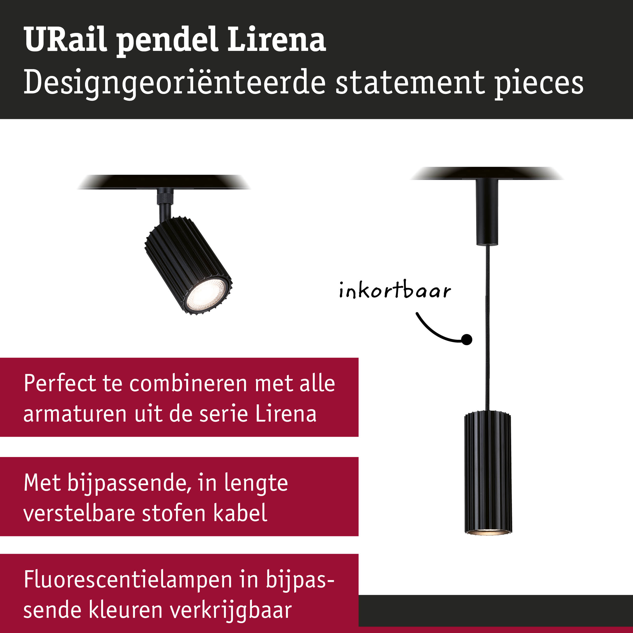 Zwarte URail pendel Lirena met verstelbare stoffen kabel en modern design voor binnenverlichting