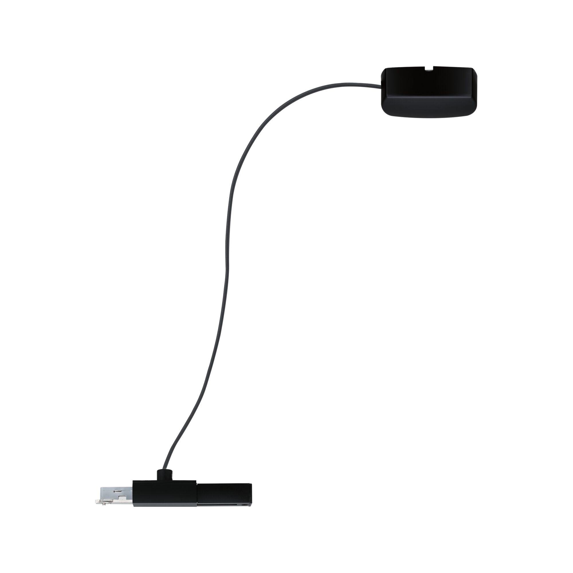 Black LED track lighting accessory with flexible cable for modern lighting systems.