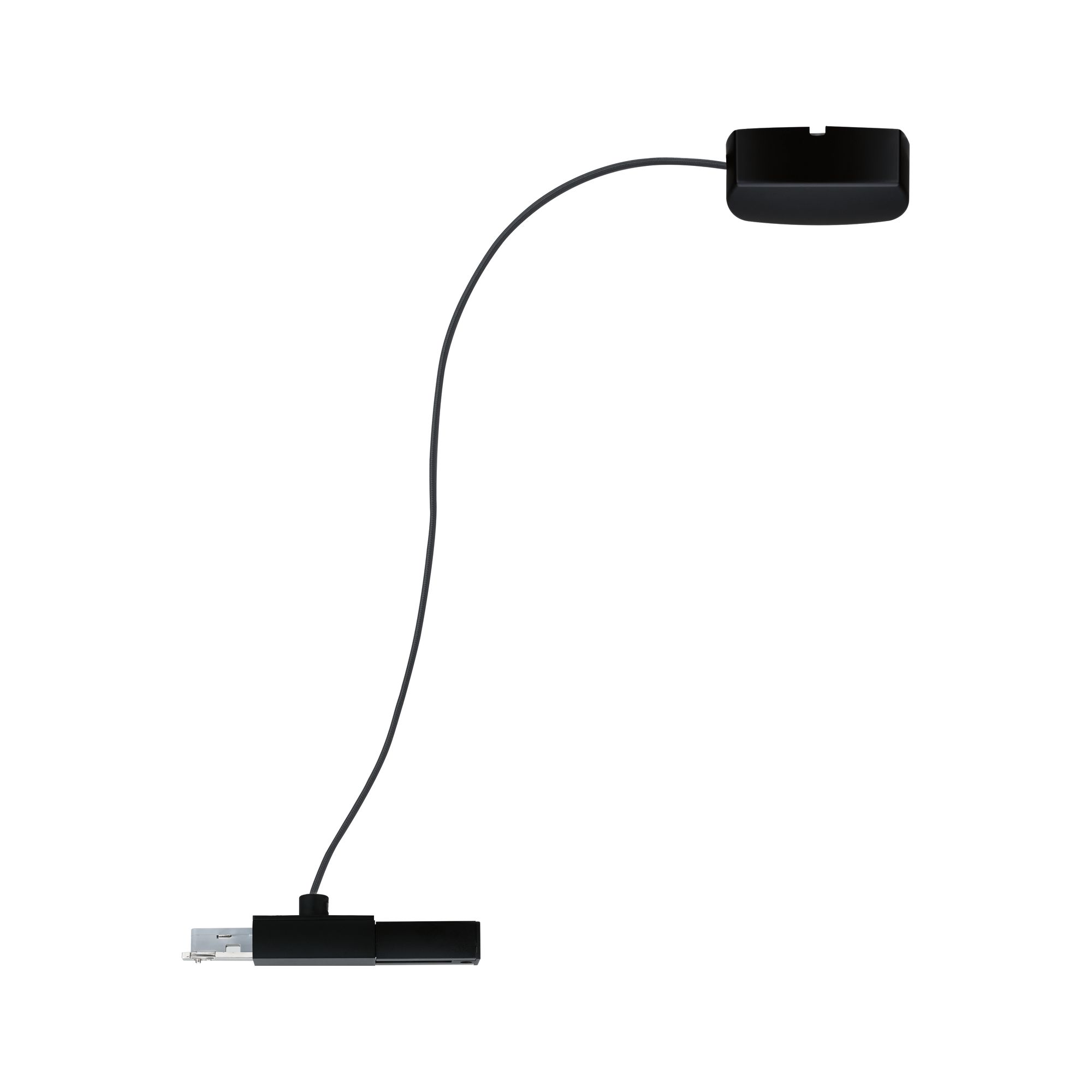 Schwarzes LED-Stromschienenzubehör mit flexiblem Kabel für moderne Beleuchtungssysteme.