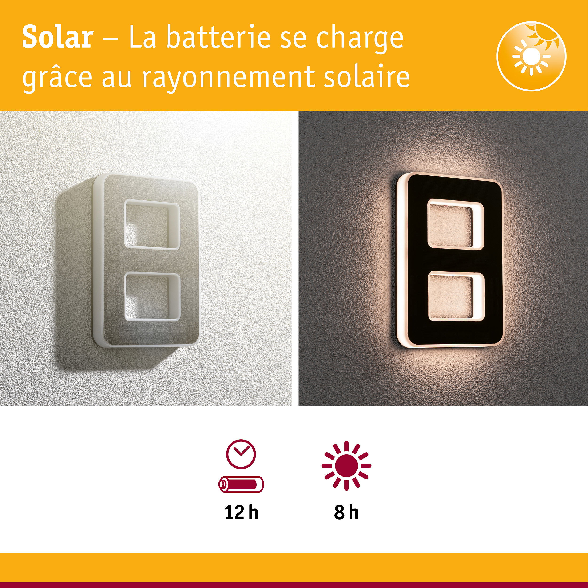 Applique murale solaire blanche et noire avec éclairage LED et longue autonomie de batterie