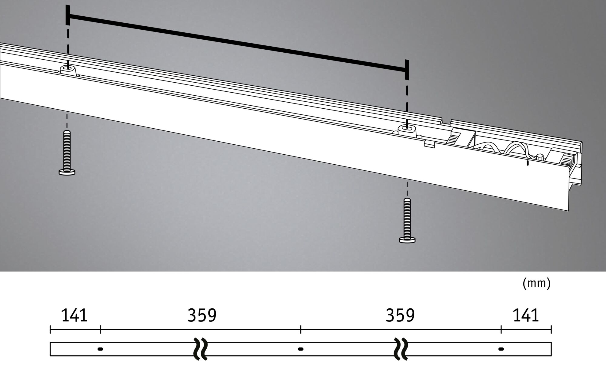 Technical drawing of white LED aluminum strip with screws and millimeter measurements for installation.