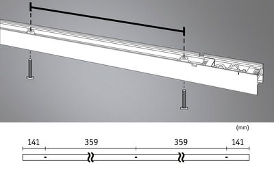 Technical drawing of white LED aluminum strip with screws and millimeter measurements for installation.