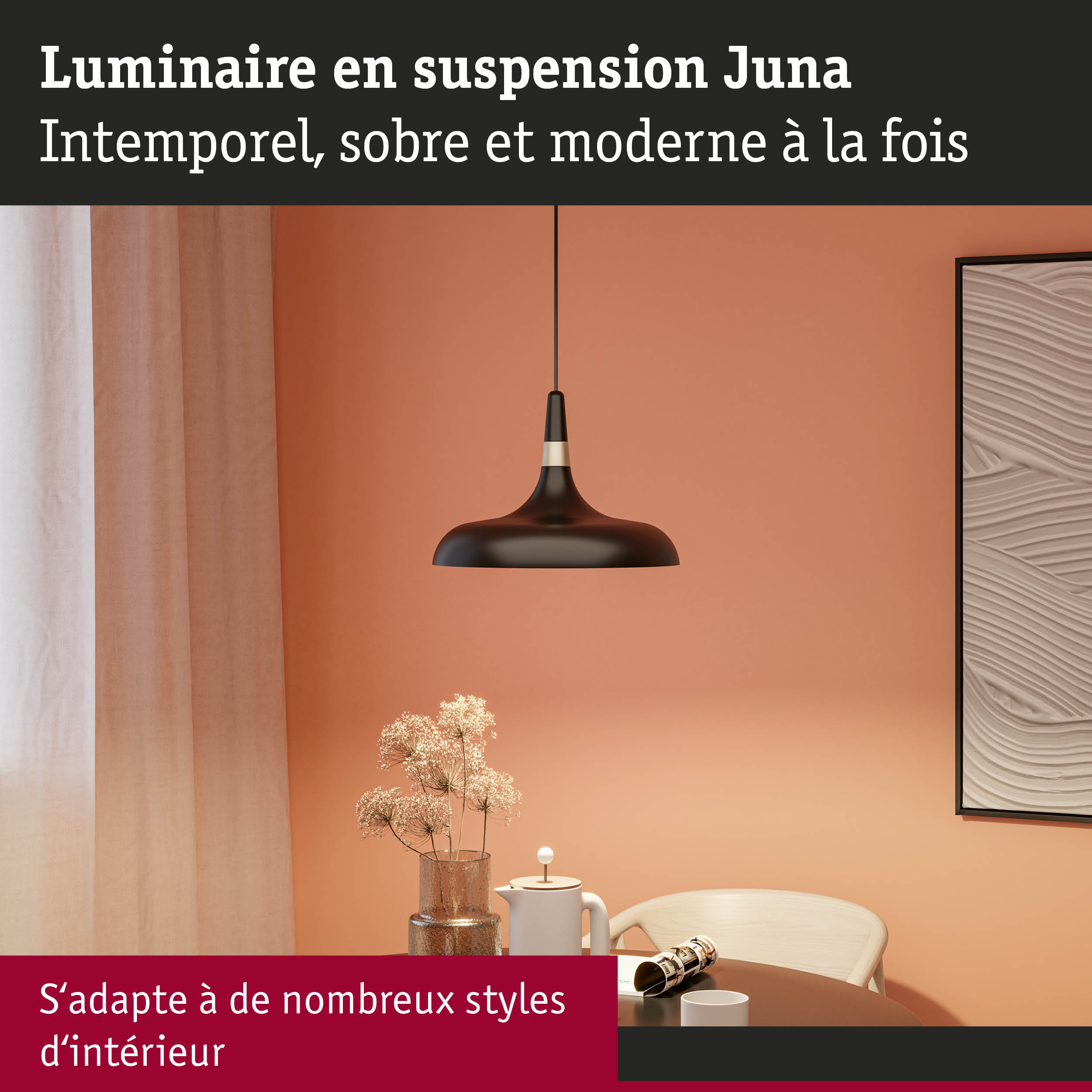 Luminaire suspendu Juna noir en métal au design moderne, adaptable à plusieurs styles d'intérieur