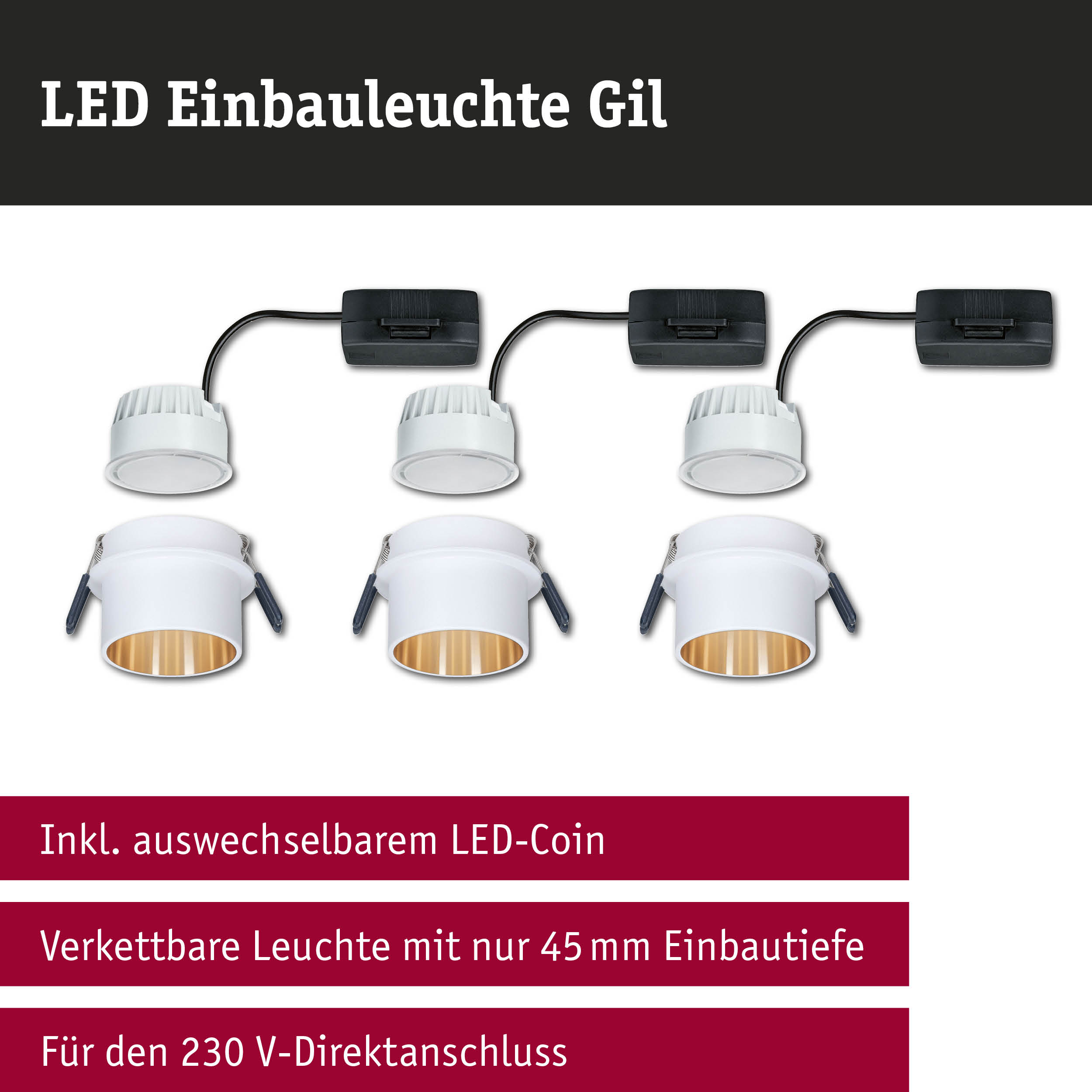LED Einbauleuchte Gil in Weiß mit goldfarbenem Reflektor und schwarzem Anschlusskabel für Wohnraumbeleuchtung