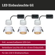 LED Einbauleuchte Gil in Weiß mit goldfarbenem Reflektor und schwarzem Anschlusskabel für Wohnraumbeleuchtung