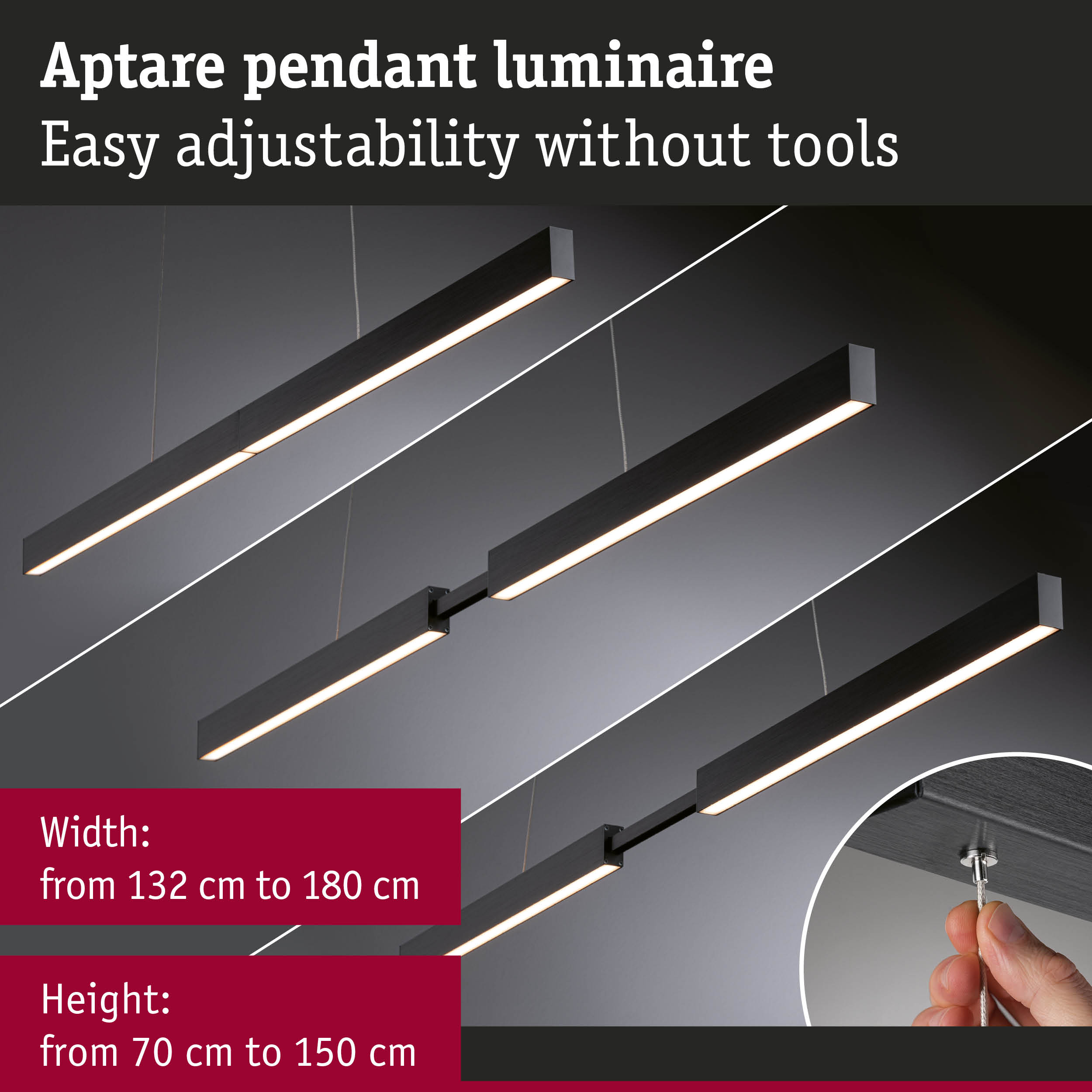 Black Aptare wooden pendant luminaire with adjustable LED light, easy tool-free height and width adjustment