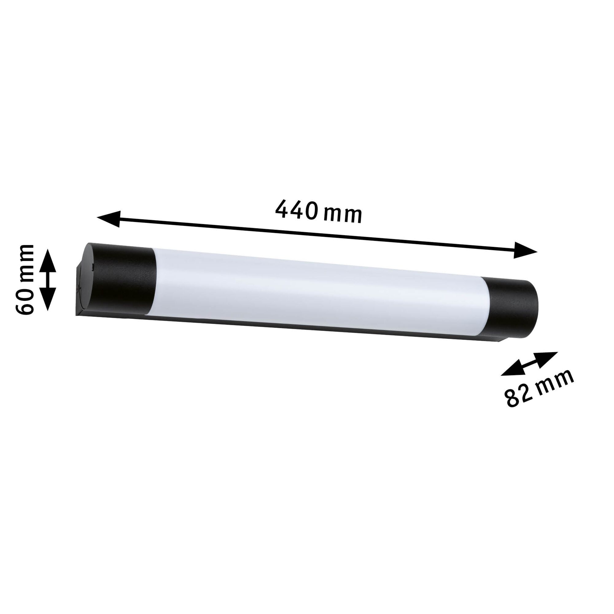 Black and white plastic LED wall light measuring 440x60x82 mm for modern indoor lighting