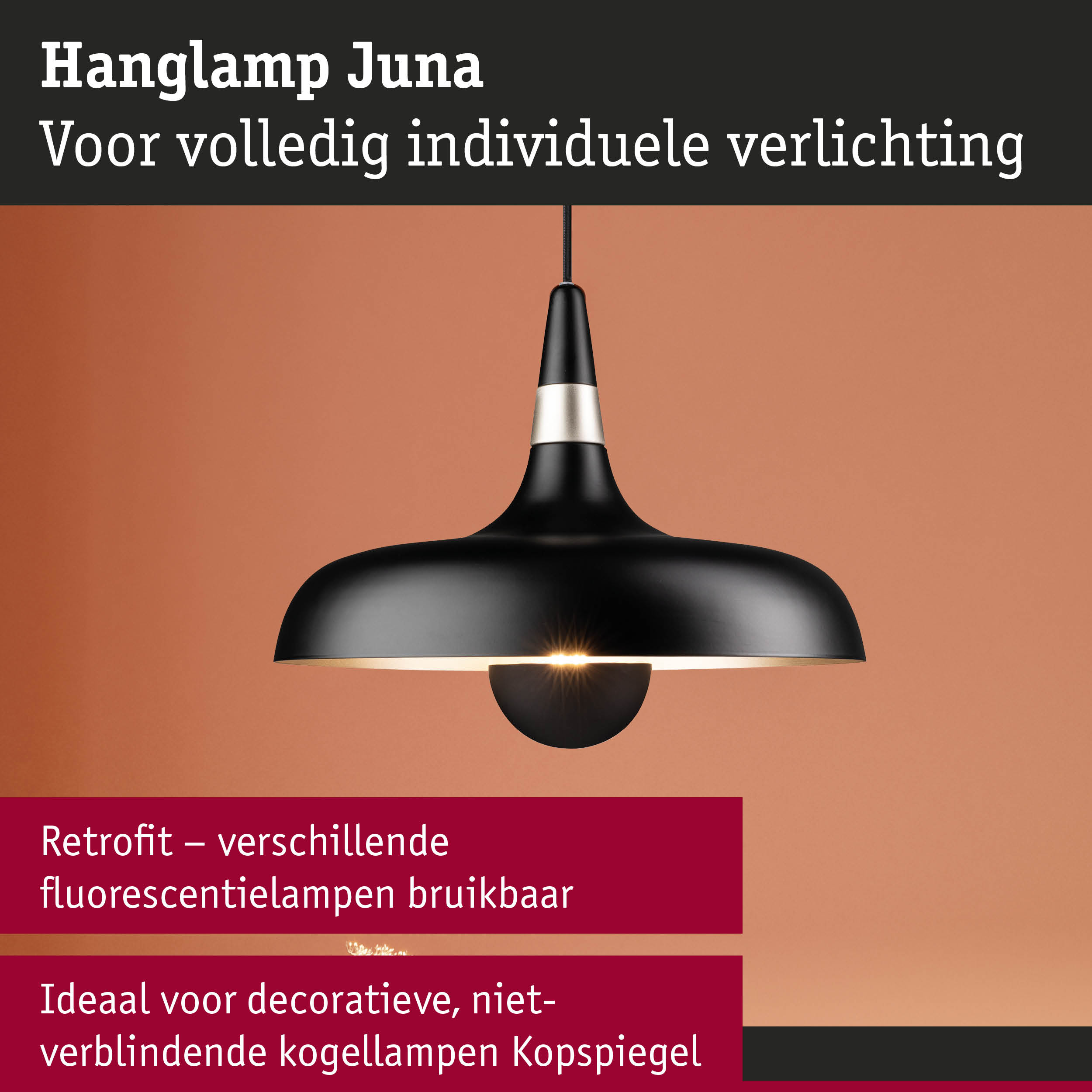 Zwarte hanglamp Juna met matte afwerking en warm licht voor individuele verlichting