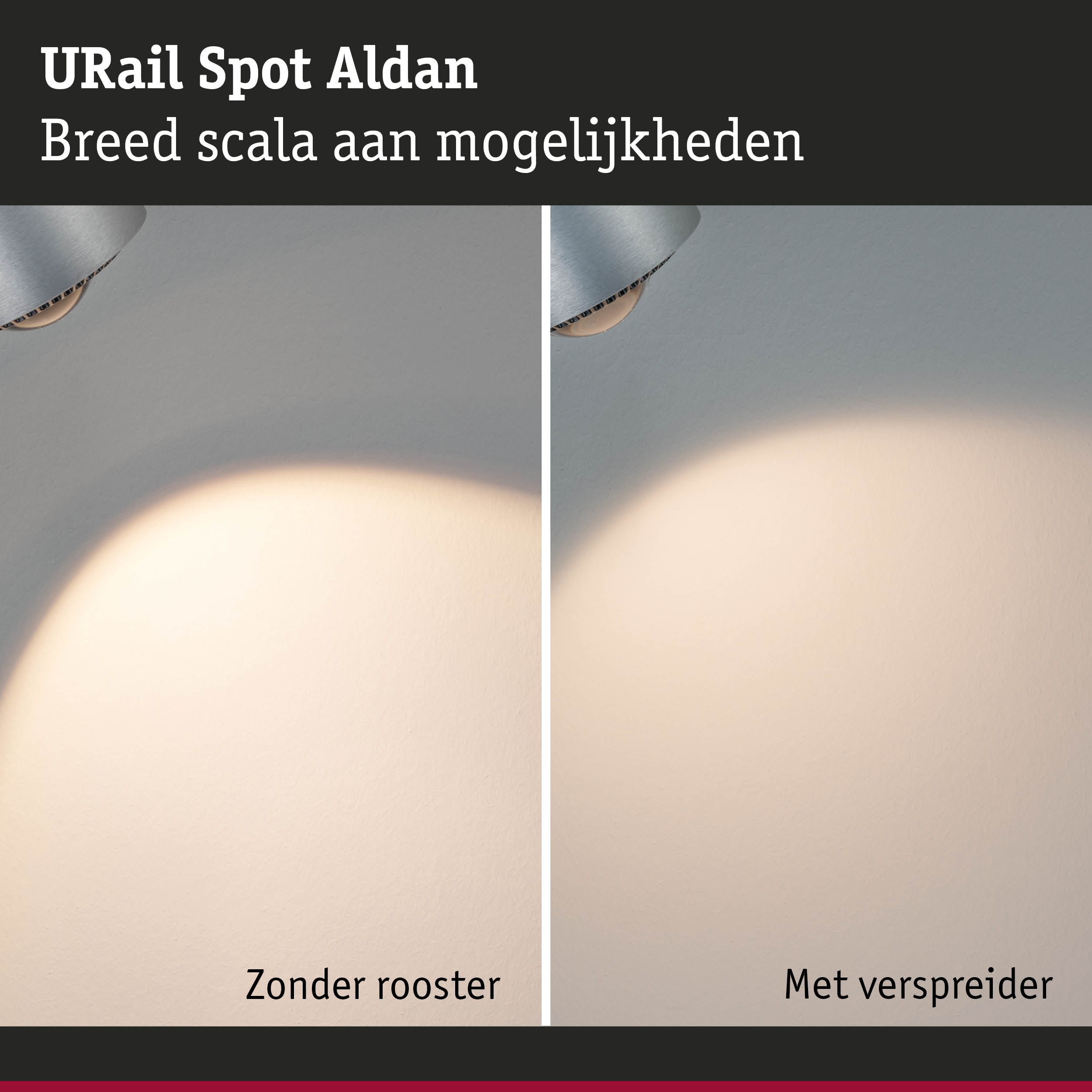 Vergelijking van twee aluminium spots met en zonder diffuser op grijze wandverlichting