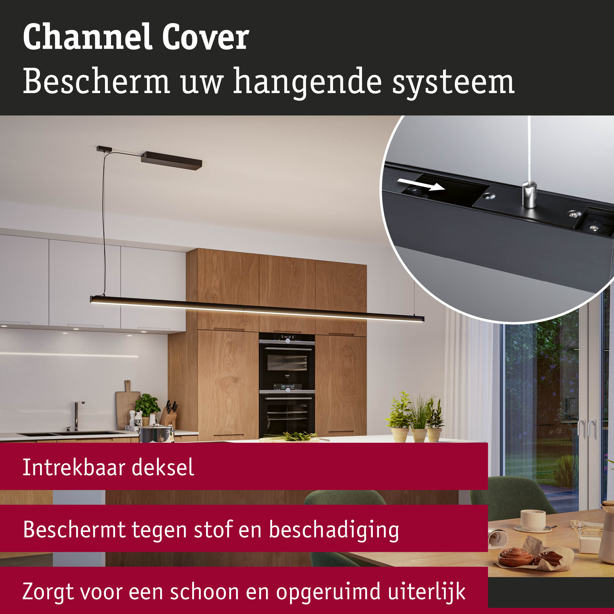 Zwarte Channel Cover beschermt hangend systeem tegen stof en beschadiging in moderne keuken