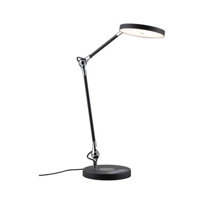 Moderne schwarze LED-Schreibtischlampe aus Metall mit rundem Leuchtkopf und Touch-Bedienfeld