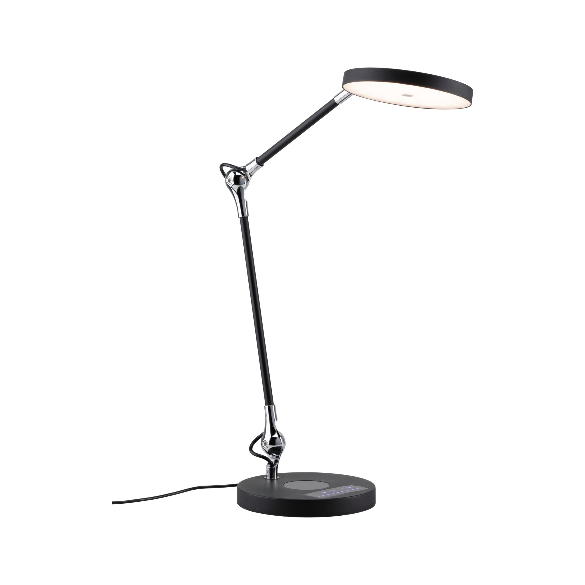 Modern black metal LED desk lamp with round light head and touch control panel