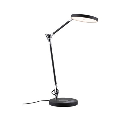 Moderne schwarze LED-Schreibtischlampe aus Metall mit rundem Leuchtkopf und Touch-Bedienfeld