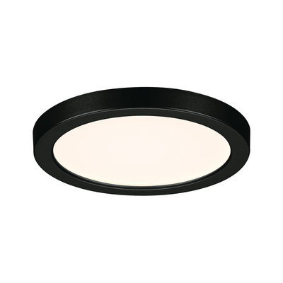 Rund LED-loftlampe med sort metalramme og varmt hvidt lys til moderne indretning