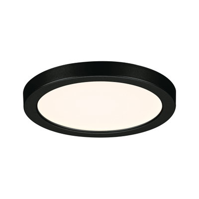 Rund LED-loftlampe med sort metalramme og varmt hvidt lys til moderne indretning
