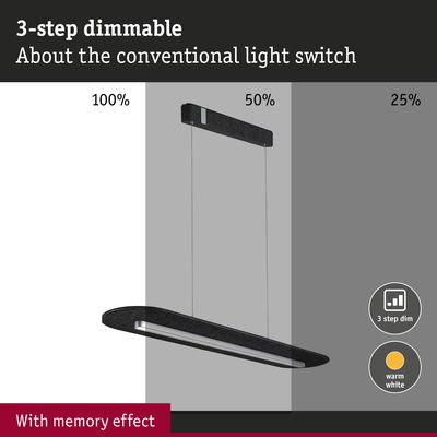 Black LED pendant light with 3-step dimmable feature and warm white light for living spaces