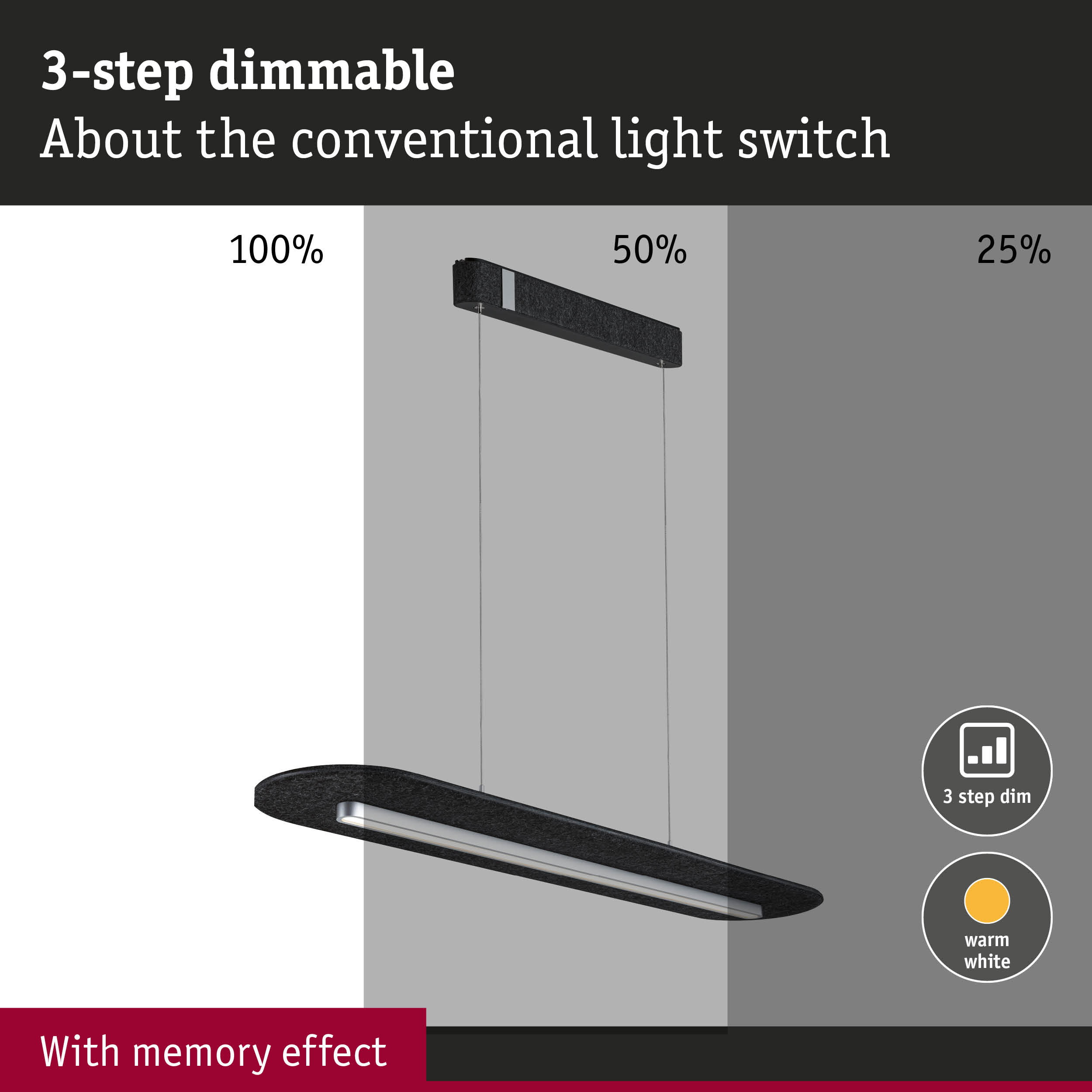 Black dimmable LED pendant light with 3-step dimming and memory effect, warm white illumination