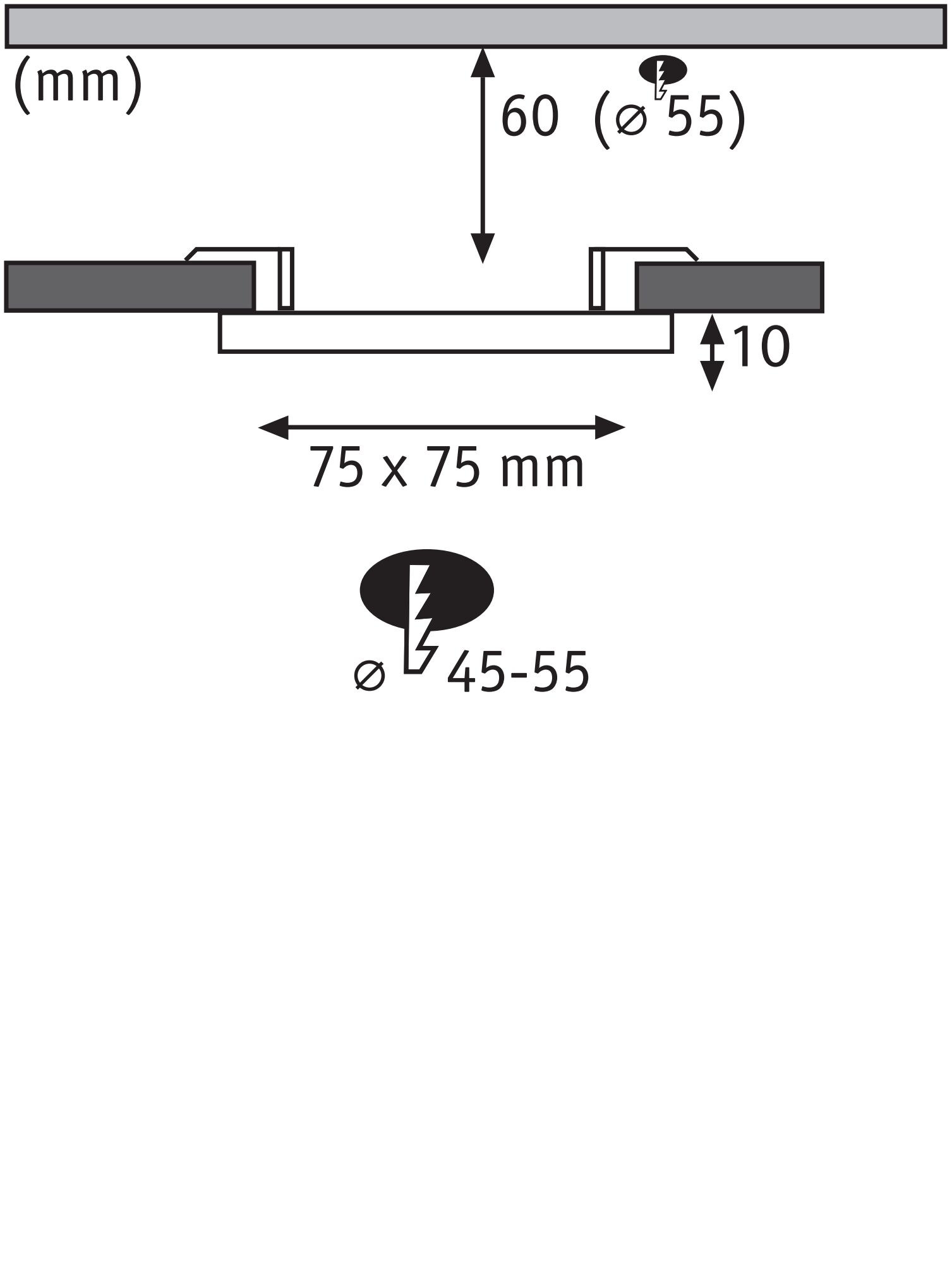 Technical drawing showing 75x75 mm dimensions and 60 mm depth for square LED recessed light