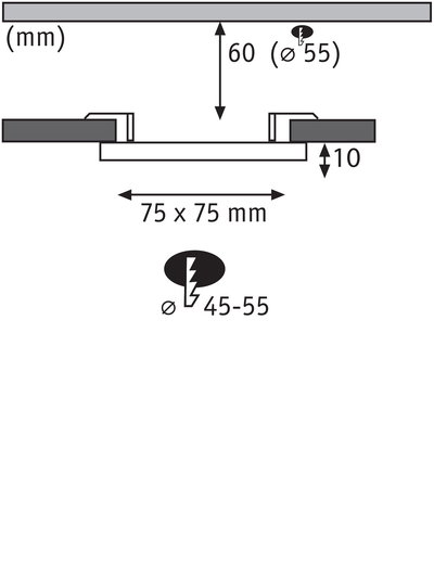 Technical drawing showing 75x75 mm dimensions and 60 mm depth for square LED recessed light