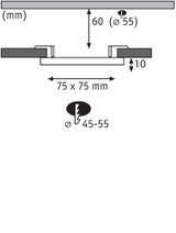 Technical drawing showing 75x75 mm dimensions and 60 mm depth for square LED recessed light