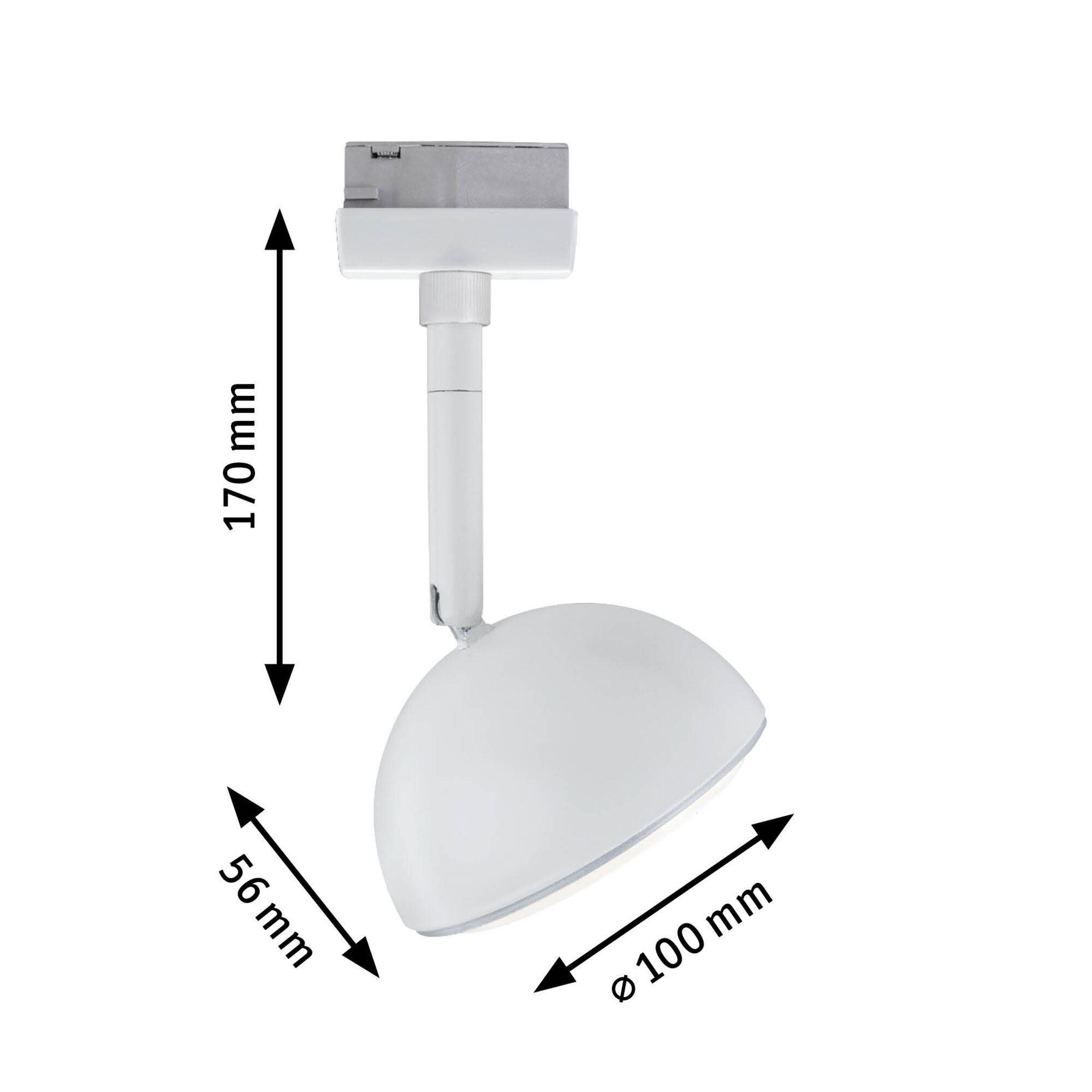 White LED spotlight with half-round shade measuring 170x56x100 mm for modern lighting