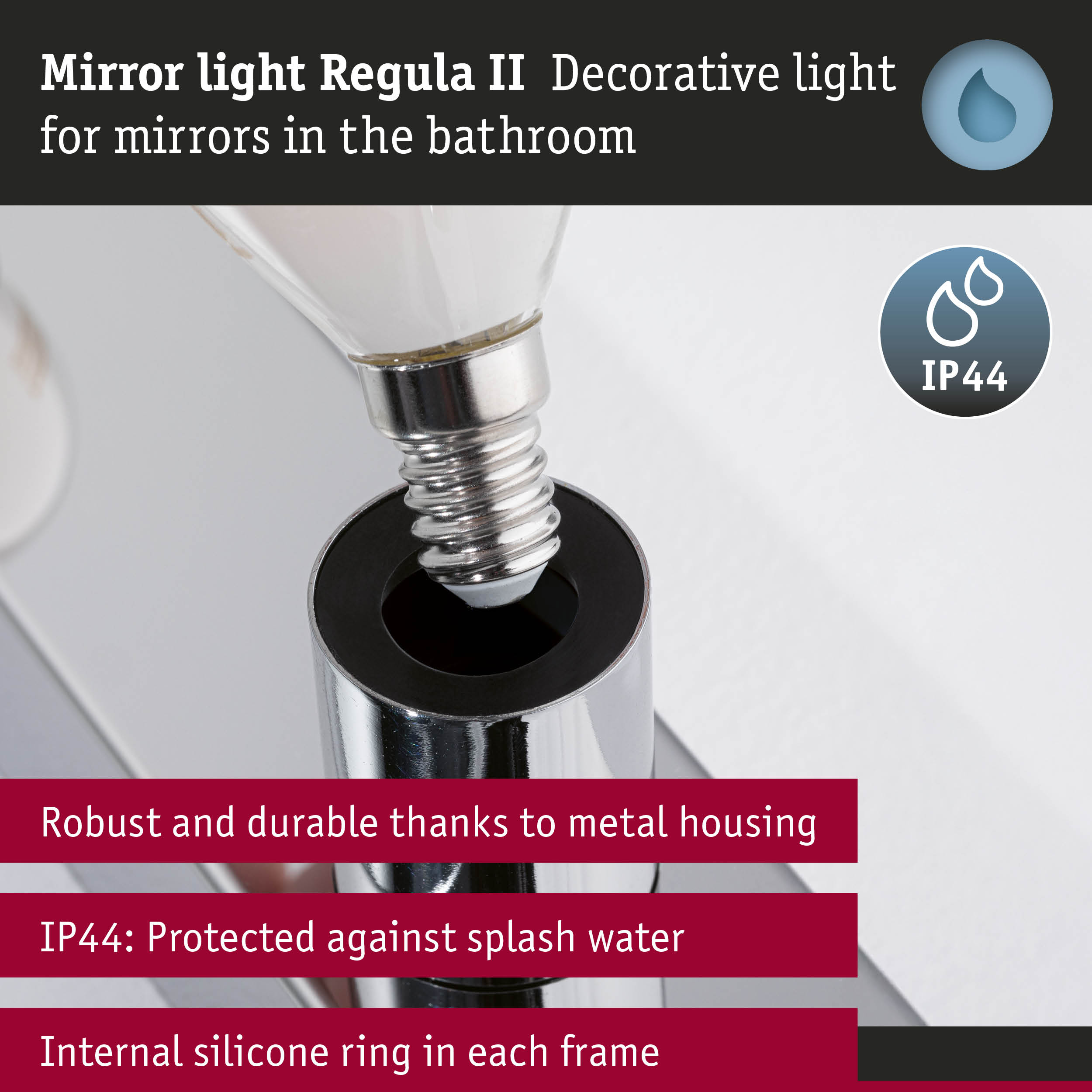 Set Mirror light Regula II including light source 4-lamp IP44 E14 2700K 4x470lm 230V 4x4,5W dimmable Chrome/Opal